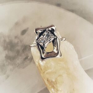 Womens Sterling Silver Geometric Glass Stone Adjustable Ring
